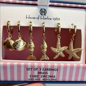 COPY - House of Harlow 1960 Gold and Crystal Earring Trio Set ✨🐟🐚